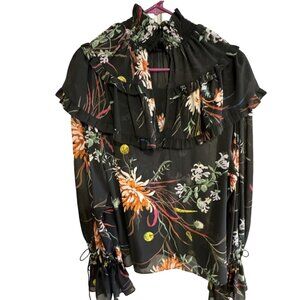 H&M Women's High Neck Fairygoth Bell Sleeve Black Boho Floral Ruffled Blouse S
